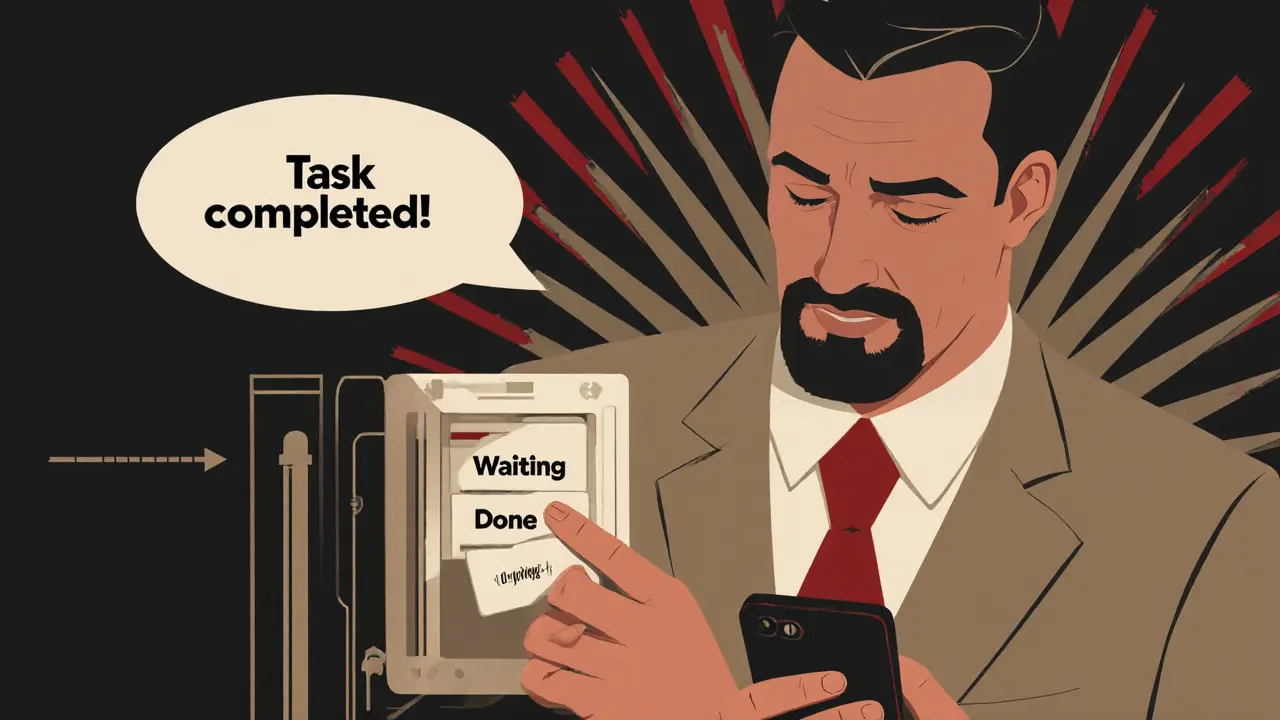 Dospělý přesouvá magnetickou kartu na ledničce z 'čekám' do 'děláno'.