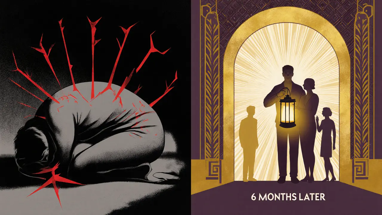 Dvě části: jedna osoba v temnotě, druhá ve světle pod zlatou archou, symbolizující přechod k lepšímu životu.