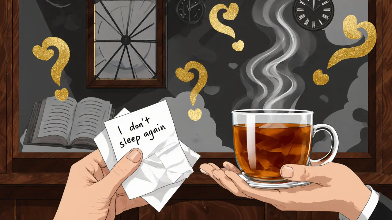 Dvě ruce: jedna drží poznámku o neklidu, druhá nabízí čaj, okolo stylizované motivy otázek a srdcí.