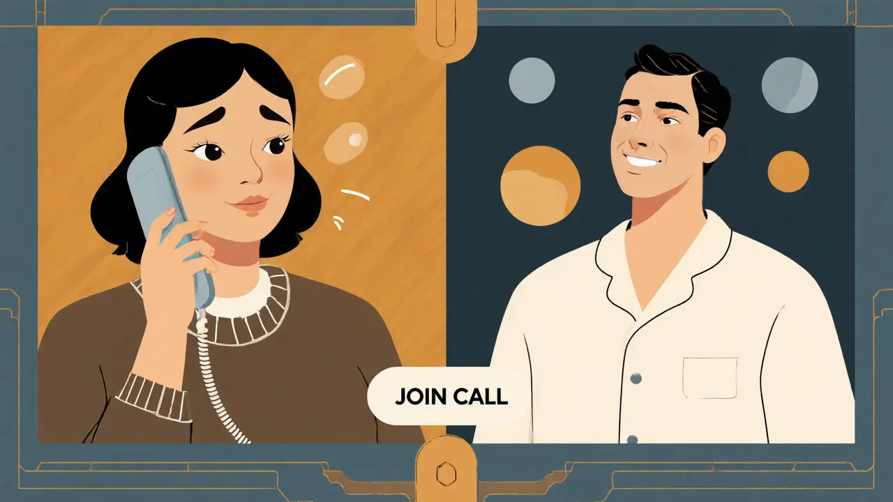 Dvě scény: osoba se obává připojení a později se uvolněně účastní videohovoru s terapeutem.