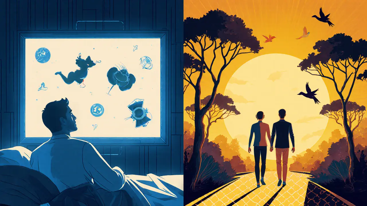 Dvě strany jednoho muže: jedna osamělá před obrazovkou, druhá v teplém vztahu pod sluncem.