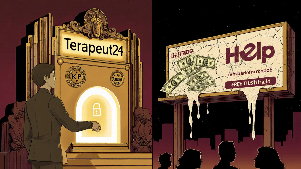 Dvě terapeutické platformy jako vintage reklamy: jedna bezpečná s certifikátem, druhá s únikem dat na peníze.