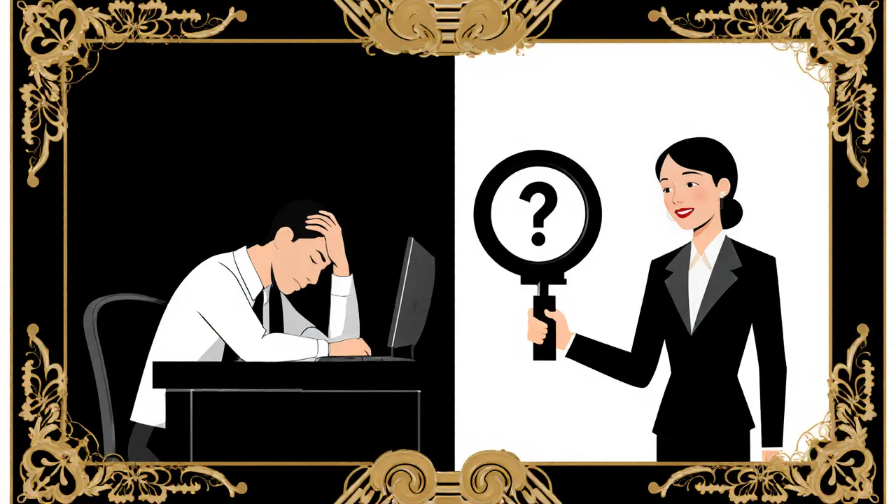 Dvě verze terapeuty: unavený a energický, oddělené stylizovanými geometrickými rámy, s supervizorem jako symbolickou podporou.