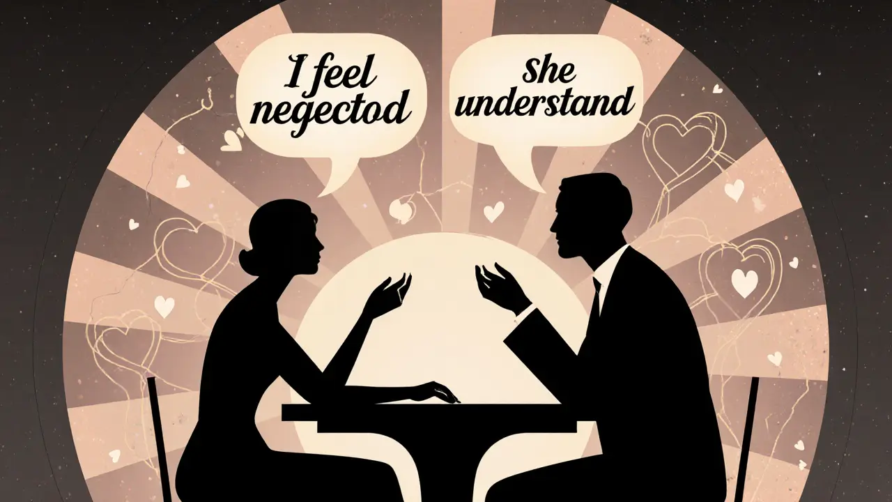 Dvojice sedí u stolu, jejich slova se proměňují v srdce, Art Deco vizuál