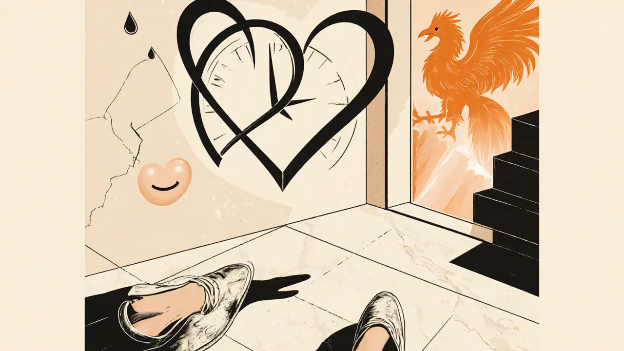 Hodiny s srdci jako ručičkami, symboly pláče, smíchu a zdi, boty směřující k sobě na mramorové podlaze.