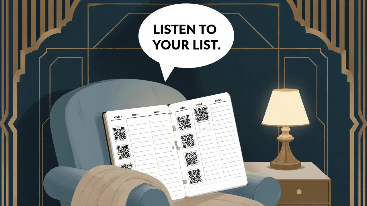 Kombinovaný organizér: papírový plánovač s QR kódem a digitální rozhraní, přikrývka na židli.