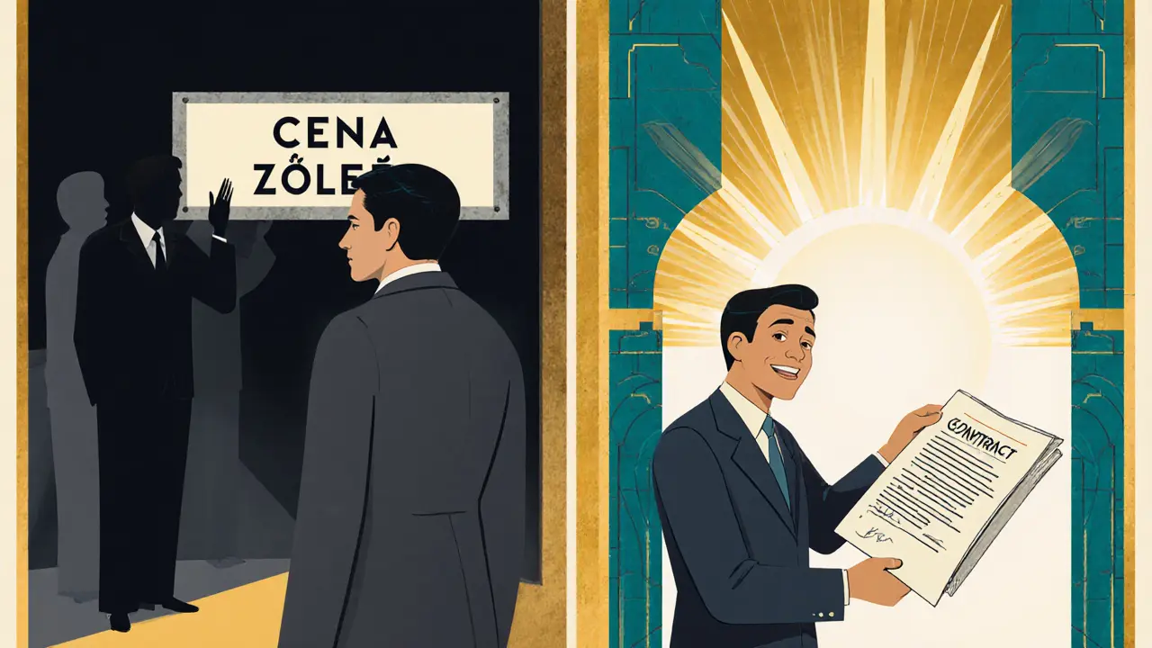 Kontrast mezi nejasnou cenou a přehledným smluvním dokumentem v stylu Art Deco.