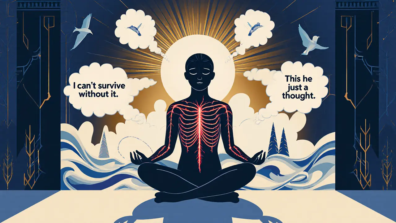 Muž medituje, tělo je vykresleno jako proud energie, napětí mizí, myšlenky se mění z negativních na klidné.