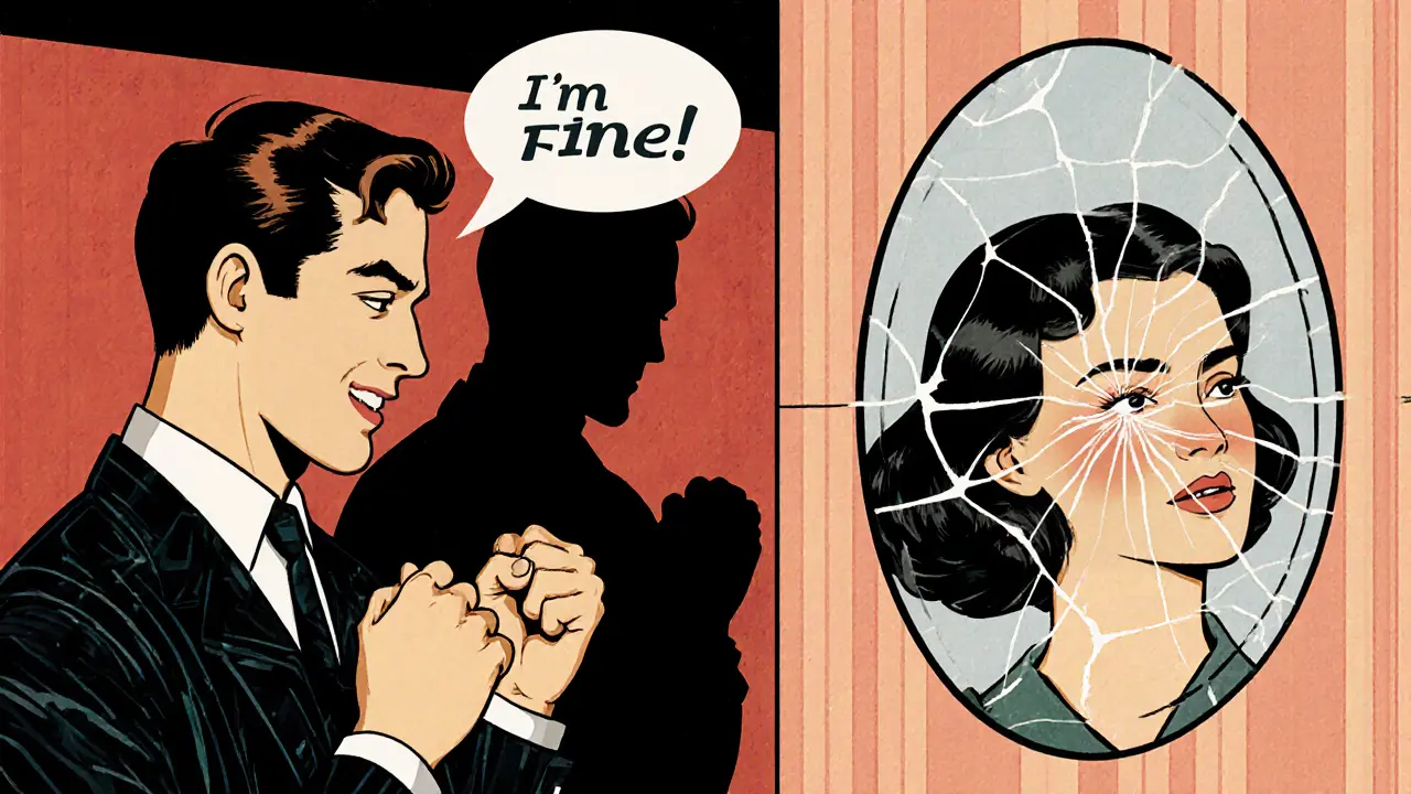 Muž říká &#039;Je všechno v pořádku&#039;, ale jeho stín ukazuje smutek a napětí – rozdíl mezi slovy a tělem.