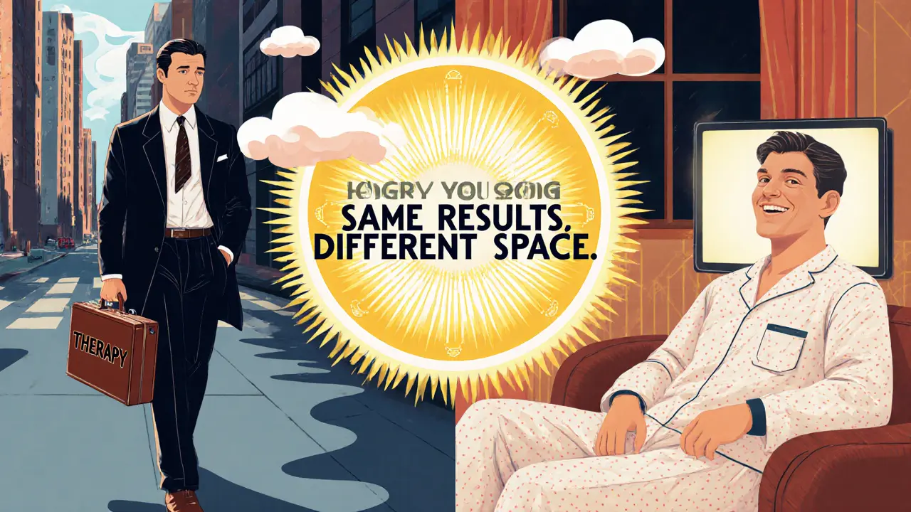 Muž ve stejném obleku, jeden ve městě, druhý doma u obrazovky – stejný výsledek, jiný prostor.