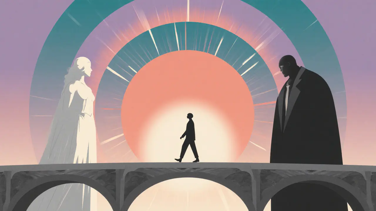 Osoba kročí po mostě šedých odstínů, opouští ideál a stín.