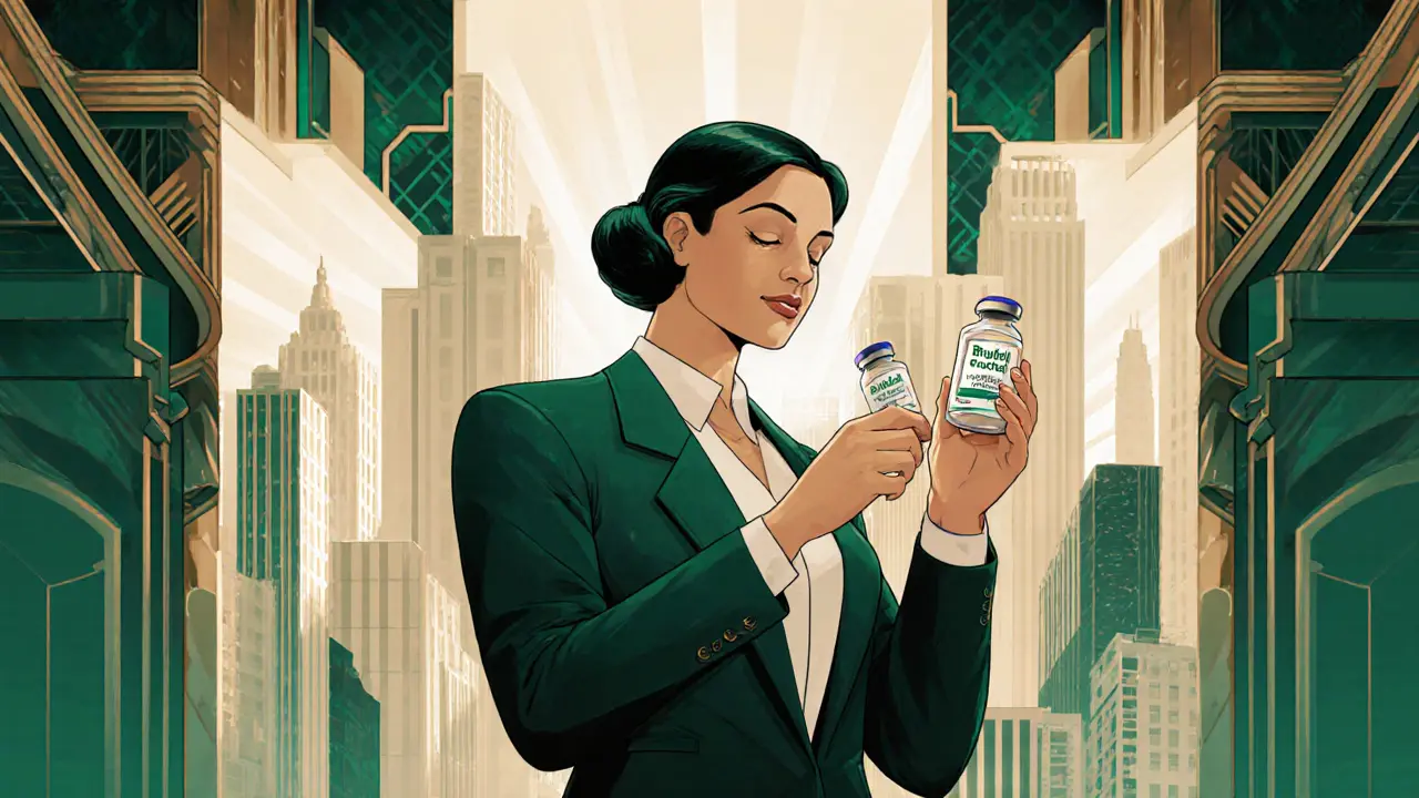 Pacient drží týdenní injekci Buvidal® s městským panoramatem v pozadí.