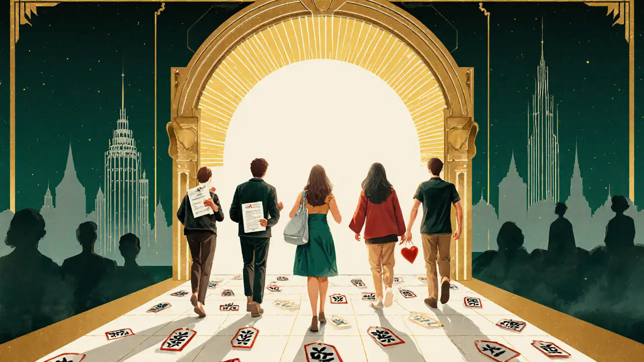 Pět studentů jde k světlu s symboly přístupné psychoterapie v Art Deco stylu.