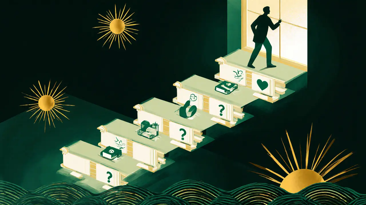 Postava stoupá po schodech z temnoty ke světlu, symbolizující pokrok v online terapii s uměleckými dekorativními prvky.