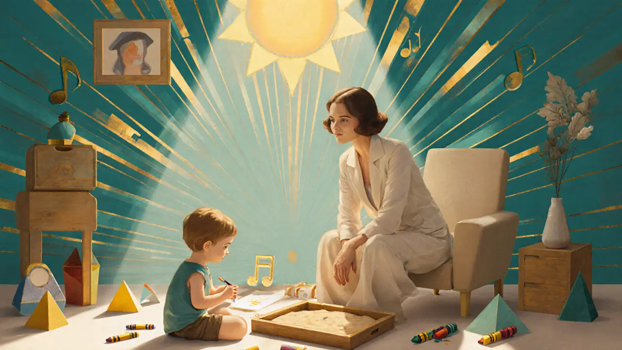 Psycholog hraje s dítětem v klidné místnosti s kresbami a hračkami, okolo nich proužky světla a barev.