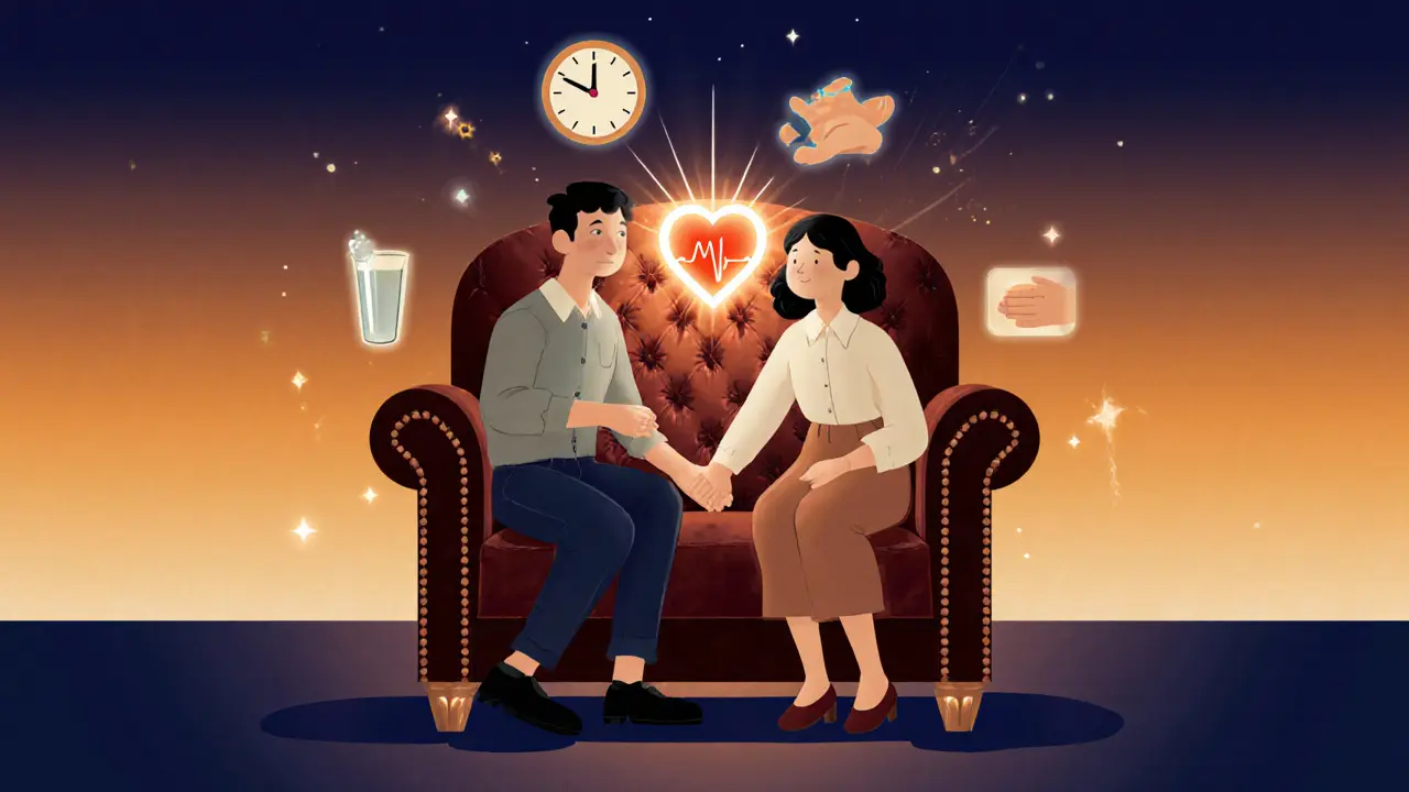 Rodič a dítě sedí spolu, mezi nimi svítí srdce symbolizující podporu.