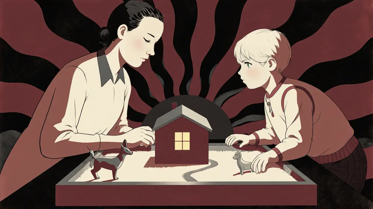 Rodič a dítě společně pozorují pískovou scénu s domem a ochrannými zvířaty.