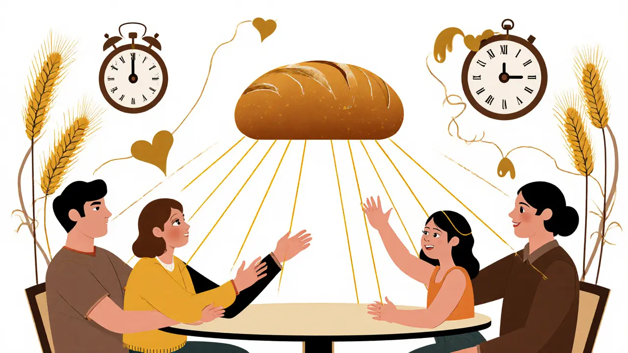 Rodina u stolu, chléb plave nad nimi, spojený zlatými nitěmi s jejich srdci, symbolizující léčebnou dynamiku.