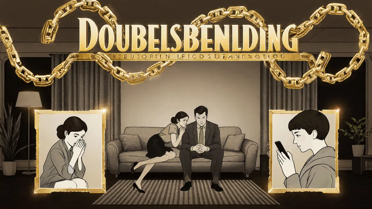 Rodina v bytě, každý izolovaný, nad nimi zlatý kruh – dvojná vazba, která je všude, ale nikdo nevidí.