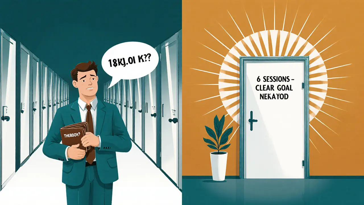 Rozdělený obraz: stresovaný muž před nekonečnými dveřmi vs. klidný muž s rostlinou u jedné otevřené dveře.