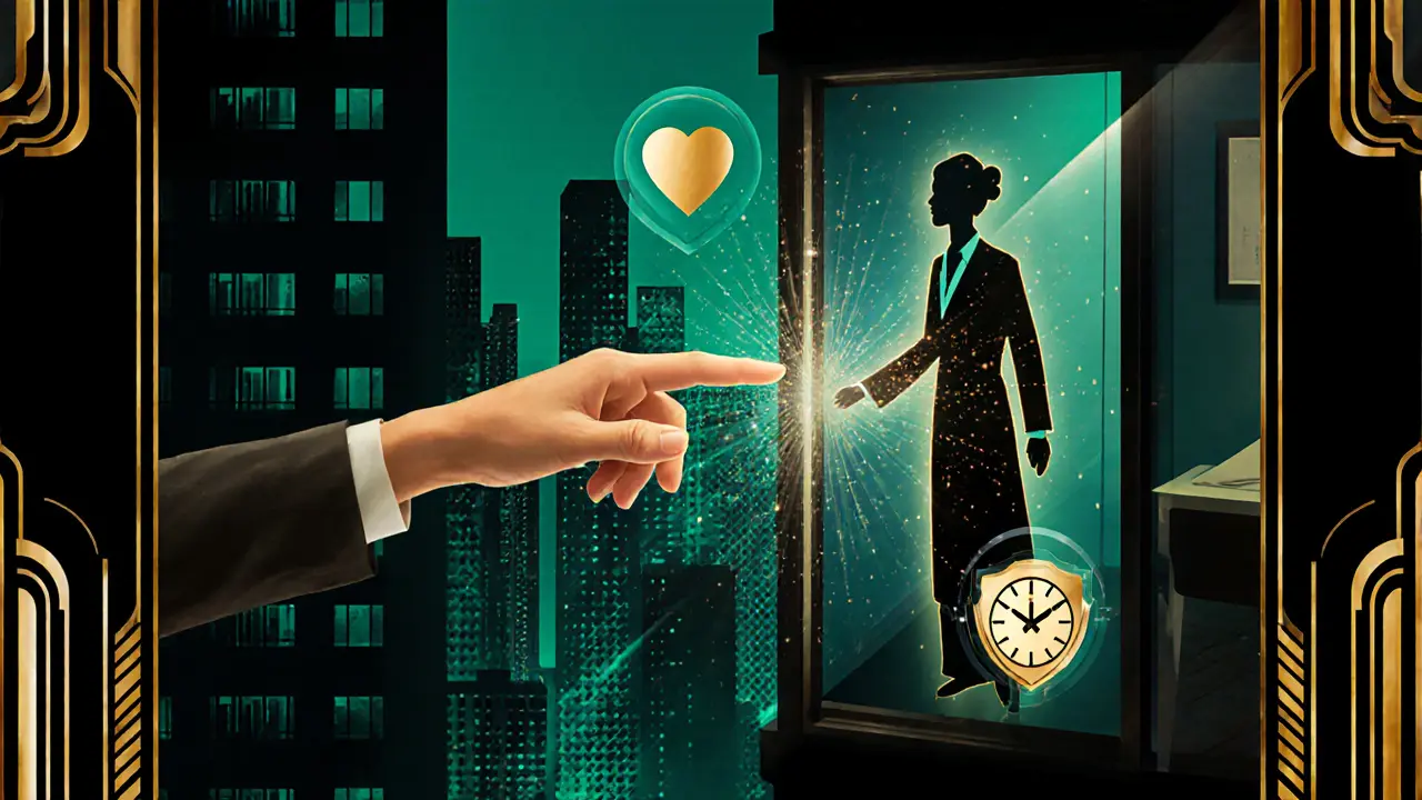 Ruka a terapeut se dotýkají přes digitální rozhraní, symbolizující spojení bez fyzické přítomnosti.