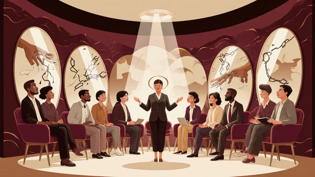 Různí lidé sedí v kruhu, jejich vnitřní city se odrážejí v abstraktních vzorech, terapeut má otevřené ruce.