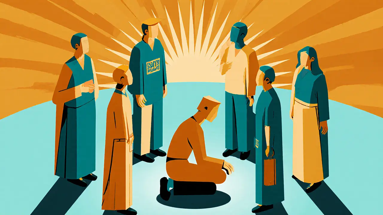 Šest abstraktních postav tvoří kruh kolem osoby v tíži, každá znázorňuje krok psychické první pomoci.