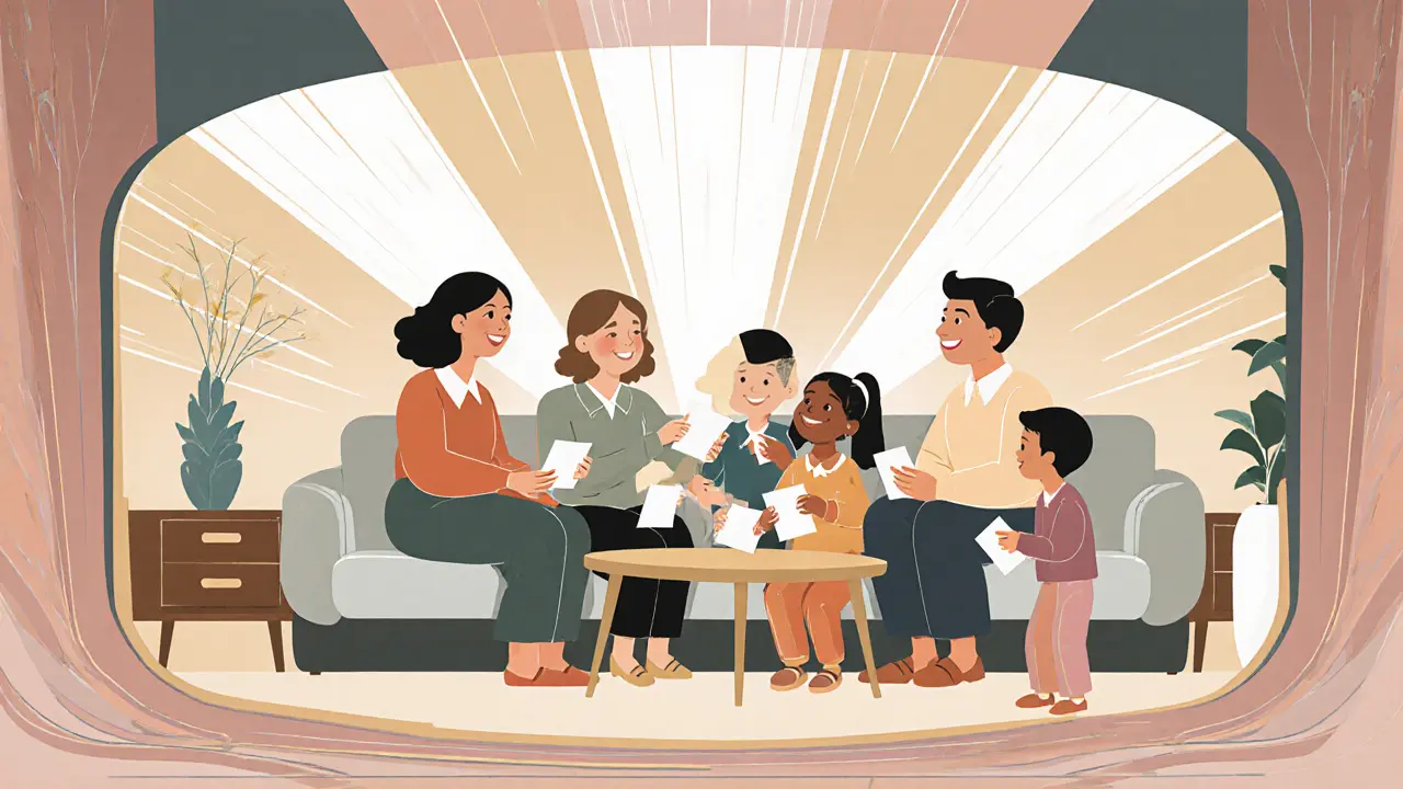 Skupina lidí se sešla v domě, aby společně podpořila jednoho z nich.