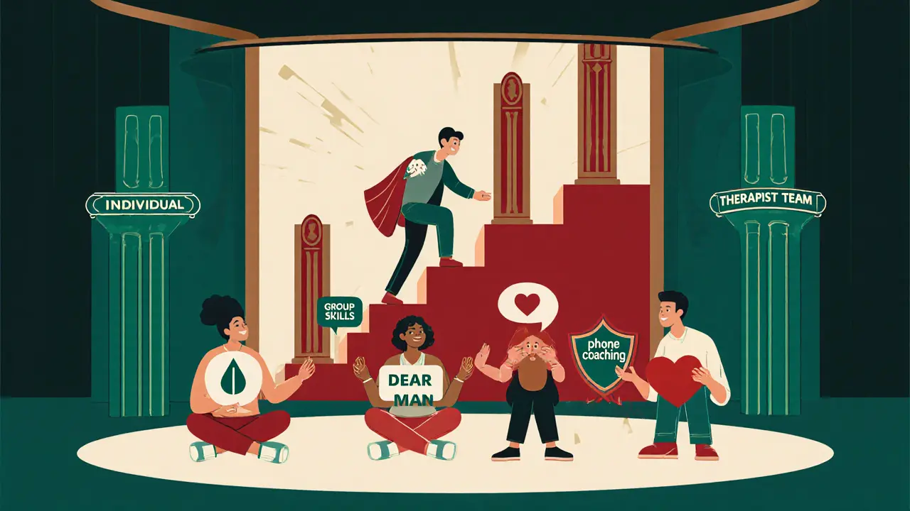 Skupina lidí v kruhu drží nástroje pro regulaci emocí a komunikace, za nimi mural se čtyřmi pilíři DBT.