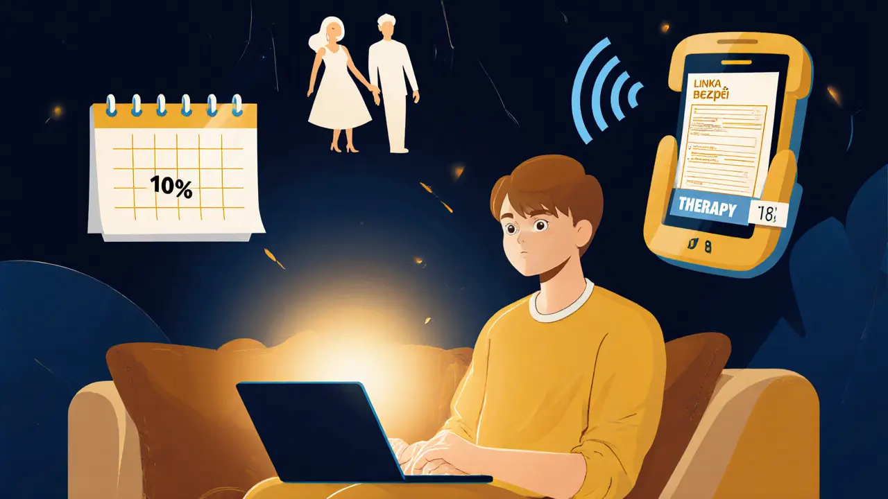 Studentka na online terapii doma s ikonami daňové slevy a Linky bezpečí.