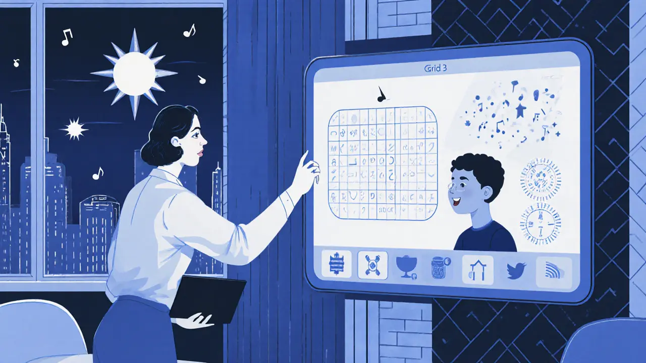 Terapeut a dítě spolu používají pokročilý komunikační systém s českým hlasem.