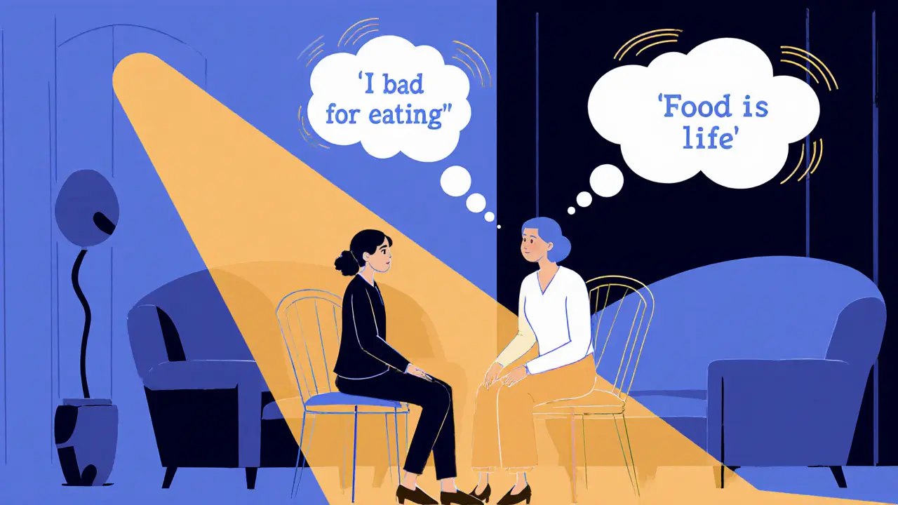 Terapeut a dívka v Art Deco místnosti, myšlenky se mění z negativních na pozitivní.