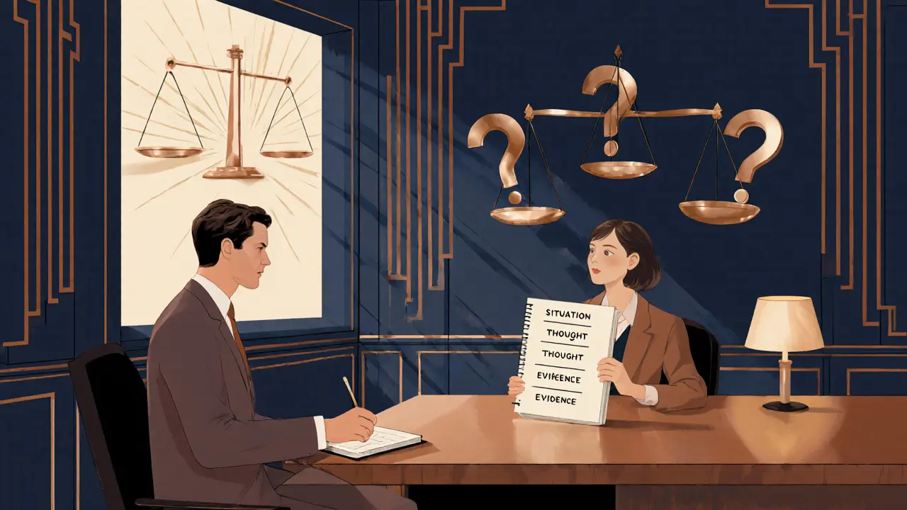 Terapeut a klient sedí u stolu s trojím sloupcem myšlenek v Art Deco stylu.