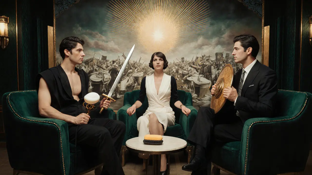 Terapeut mezi párem, kteří drží mydlo a houbu jako zbraně, za nimi mural s koupelnovým bojištěm.