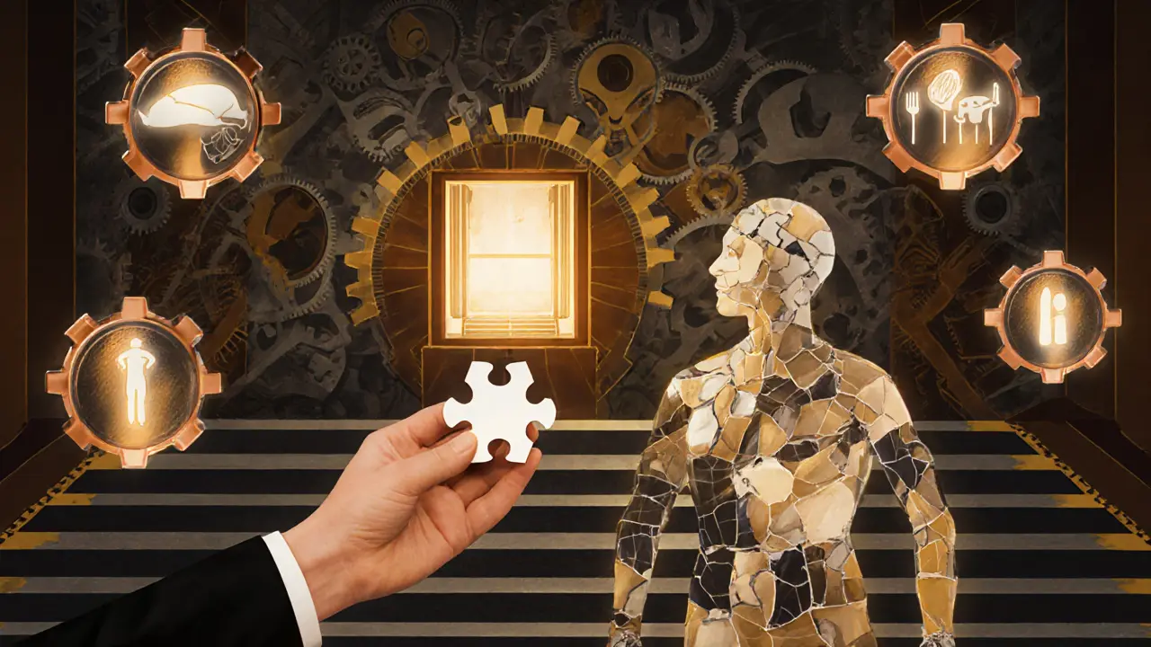 Terapeut podává puzzle kousek pacientovi s zrcadlovým tělem, okolo nich se rozpadají fobie a kompulze.