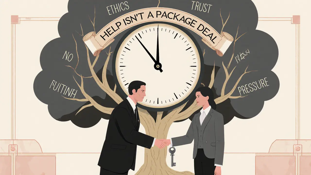 Terapeut předává klíč klientovi, za nimiž se hodiny mění v strom s kořeny označenými etikou a důvěrou.