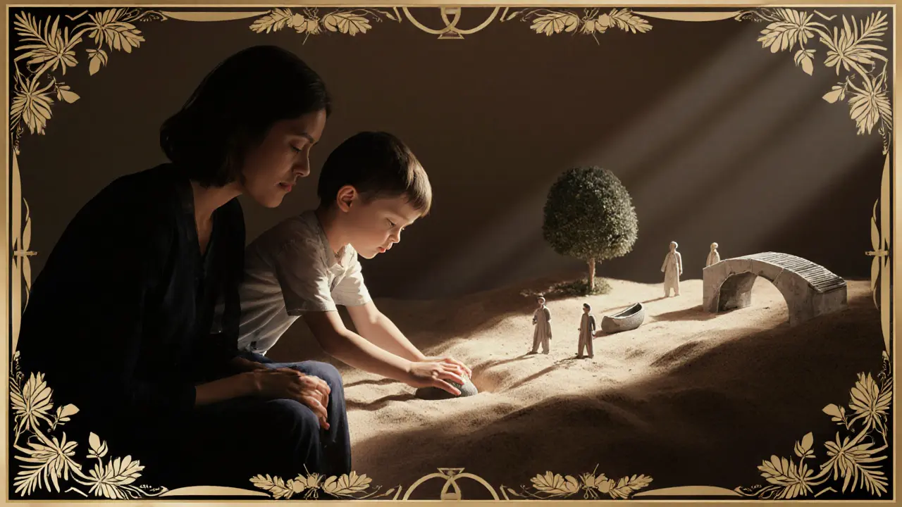 Terapeut sedí vedle dítěte, které zakopává kámen do písku v tichém prostředí.