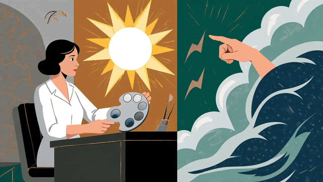 Terapeut u stolu s paletou šedých barev, klient ukazuje na extrémy.