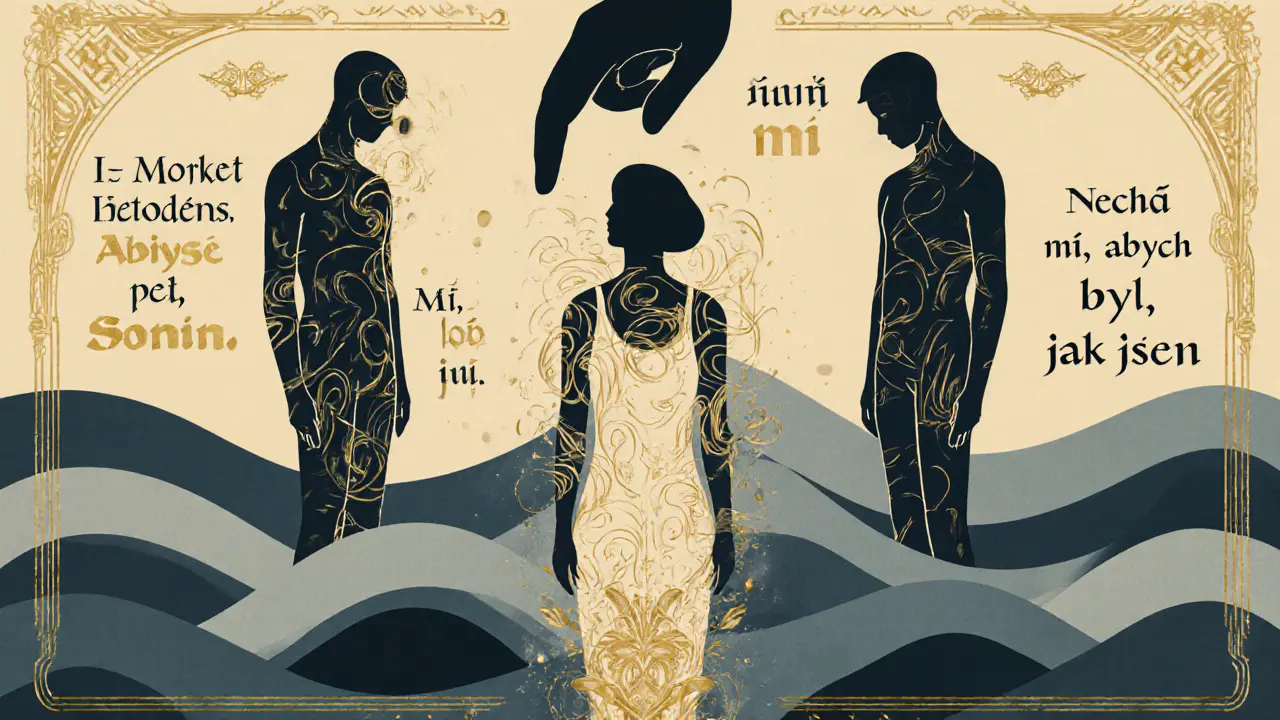 Three abstract figures dissolving into emotions, with a hand reaching down to hold them, surrounded by poetic text motifs.
