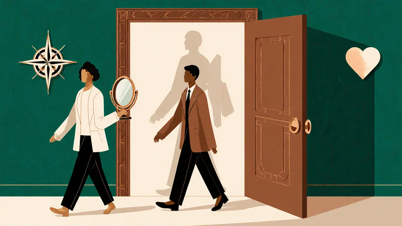 Tři klienti jdou k terapeutovi, jejich stíny převážejí na supervizory s symboly poznání, jistoty a empatie v Art Deco stylu.