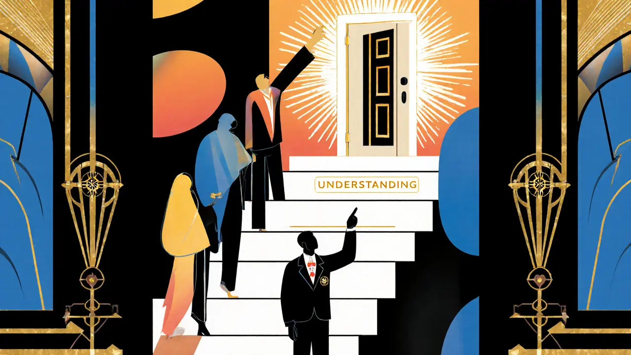 Tři postavy stoupají po schodech emocí směrem k dveřím porozumění, terapeut ukazuje na srdce.