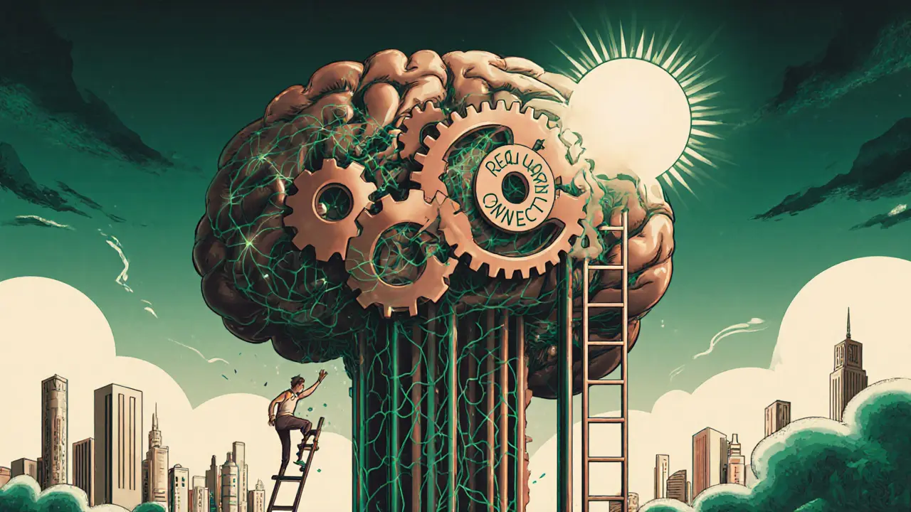 Velká mozková struktura s rozbitým kolkem, člověk se šplhá po žebříku k slunci označenému &#039;Skutečná spojení&#039;.