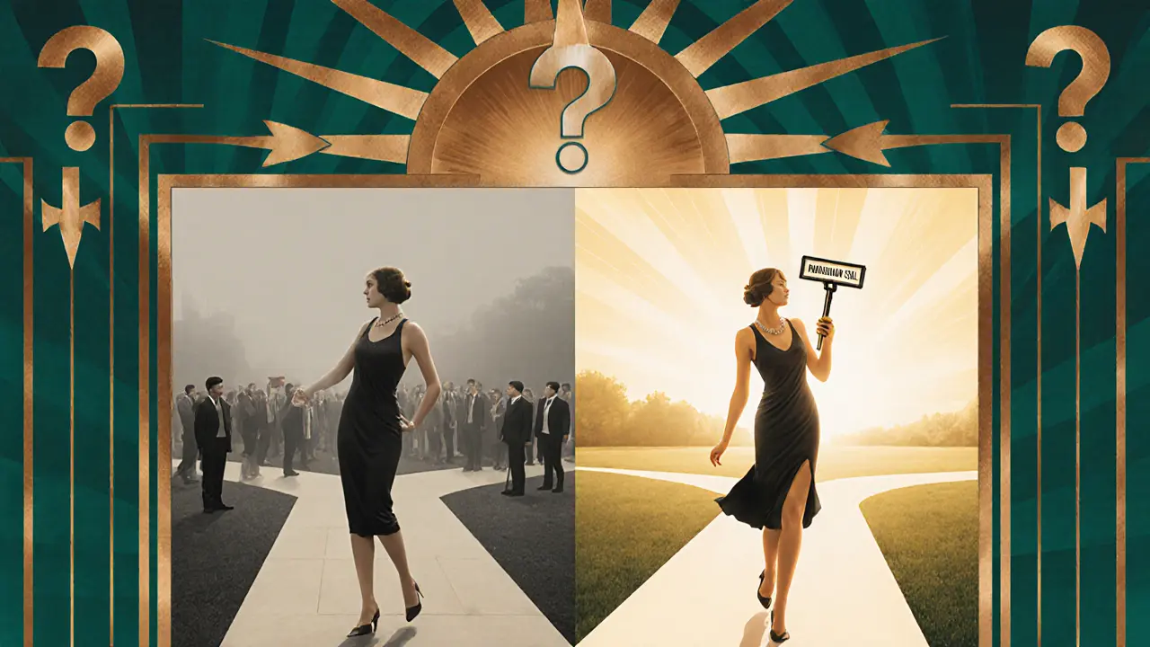 Žena na křižovatce: jedna cesta úzkost, druhá světlo s klíčem paradoxní intervence.