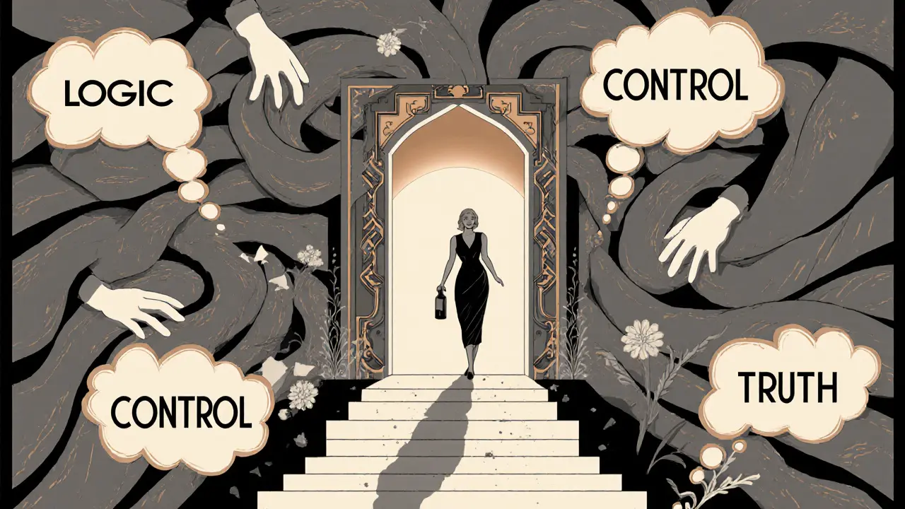 Žena vystupuje z myšlenkového bludiště směrem k světlu pravdy v Art Deco stylu.