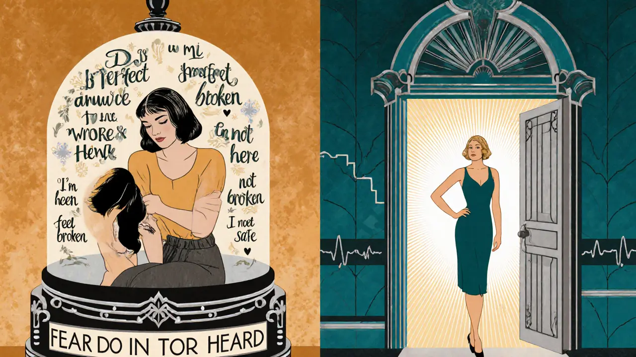 Žena vystupuje z podoby zatlačené pod skleněnou kupolí do volnosti, symbolizující terapii jako osvobození.