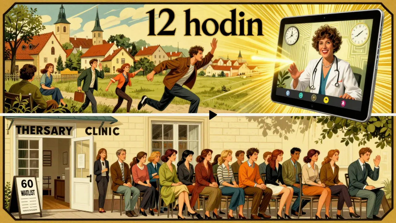 Art Deco timeline showing long wait for in-person therapy versus instant online access across Czechia.