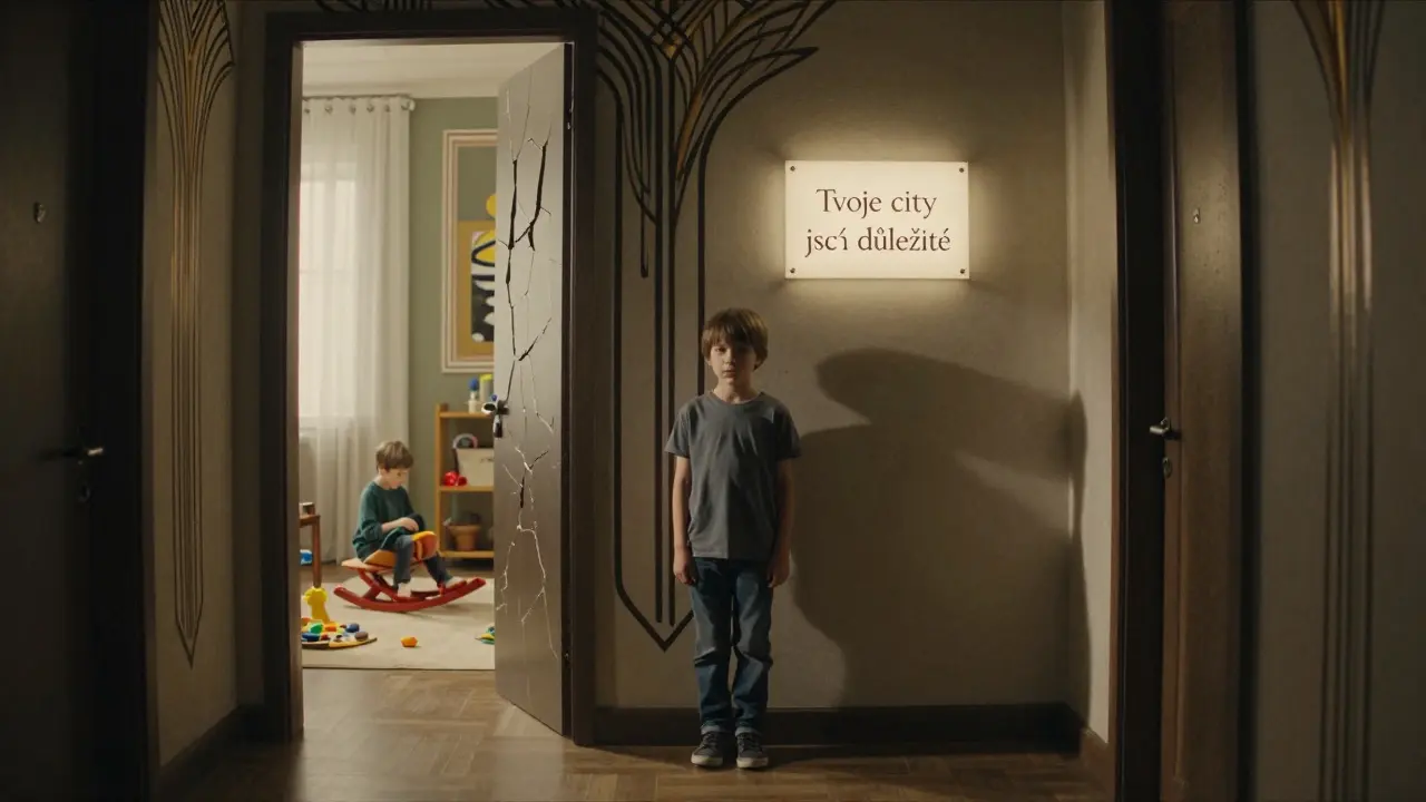 Chlapec stojí v chodbě, zatímco jeho bratr je vidět v místnosti plné senzorických hraček.