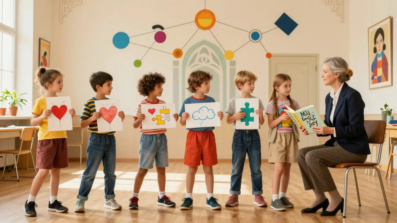 Děti a terapeut v komunitním centru s knihou a kresbami, symbolizující porozumění a podporu.