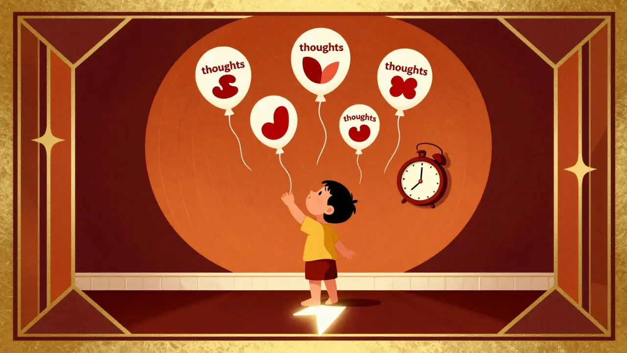 Dítě hledá červené předměty, myšlenky jako balónky unikají nahoru, země je základem pozornosti.