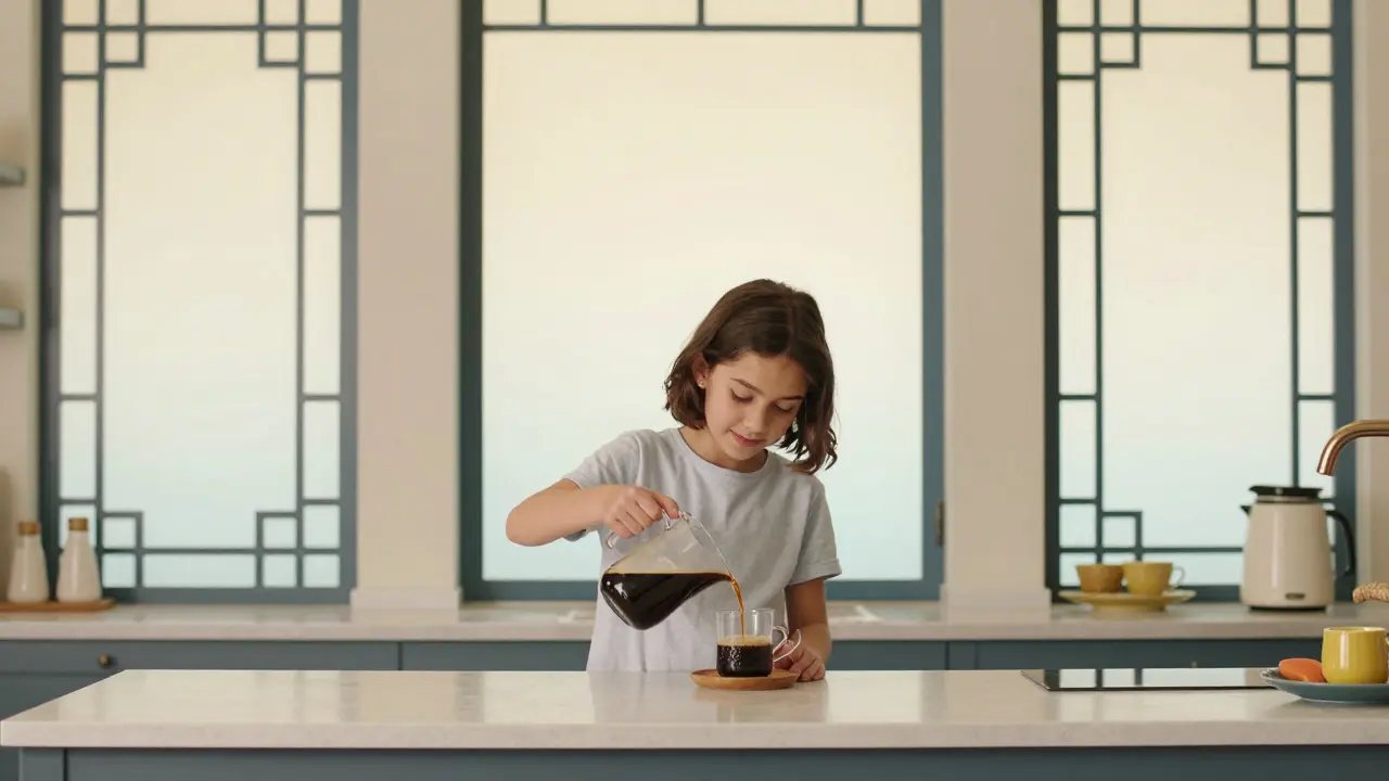 Dívka s autismem nalévá kávu pro kamaráda v klidné kuchyni.